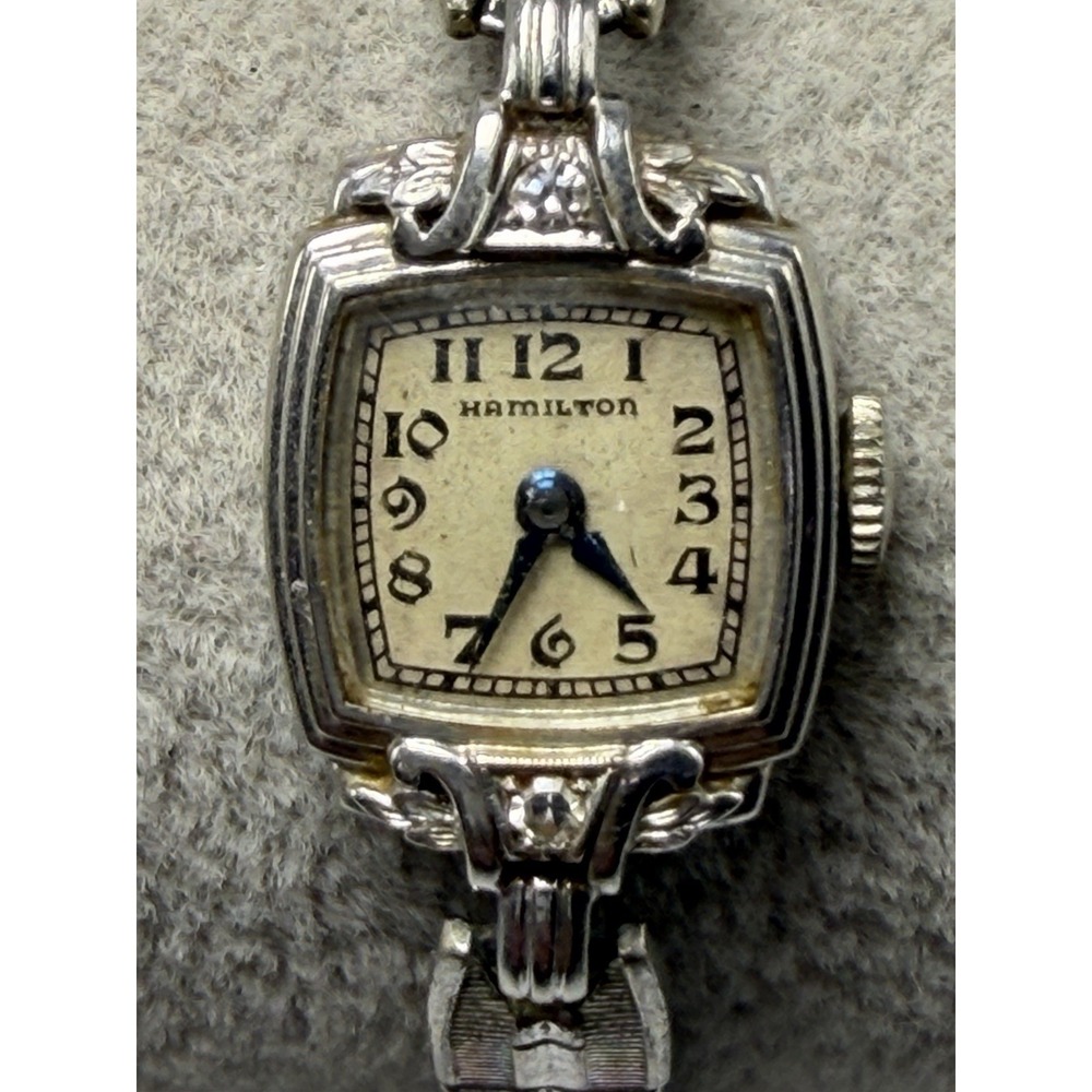 Hamilton Vintage Ladies Watch Solid 14K White Gold Diamonds Works 14MM 6" USA